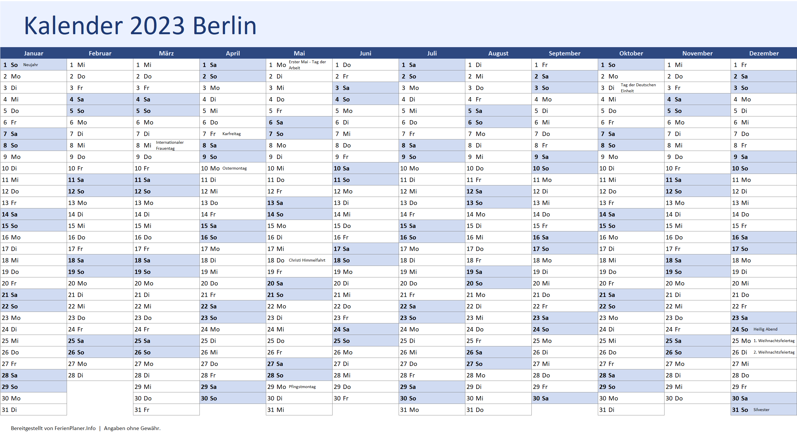 Jahreskalender als Excel Datei (.xlsx Datei)