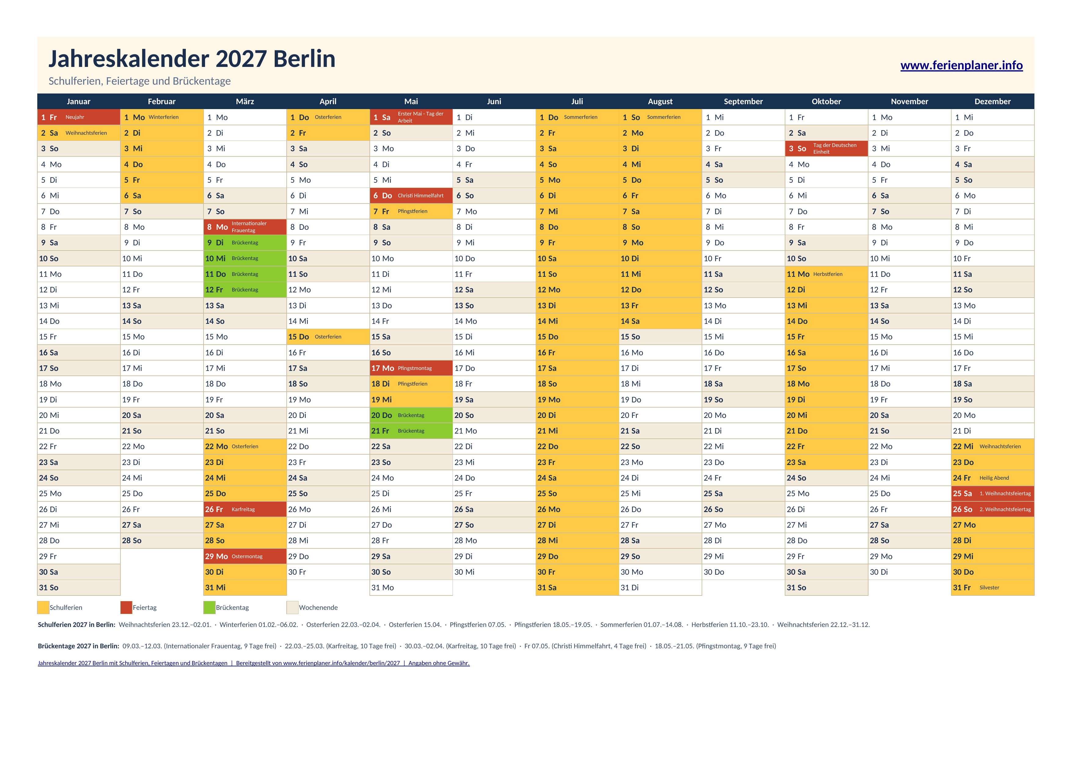 Vorschau: Jahreskalender 2027 für Berlin