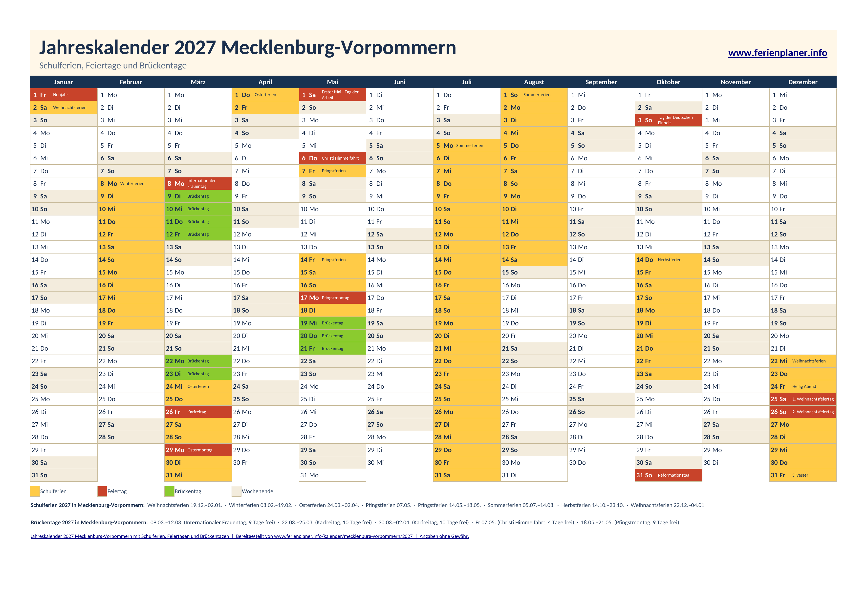 Vorschau: Jahreskalender 2027 für Mecklenburg-Vorpommern