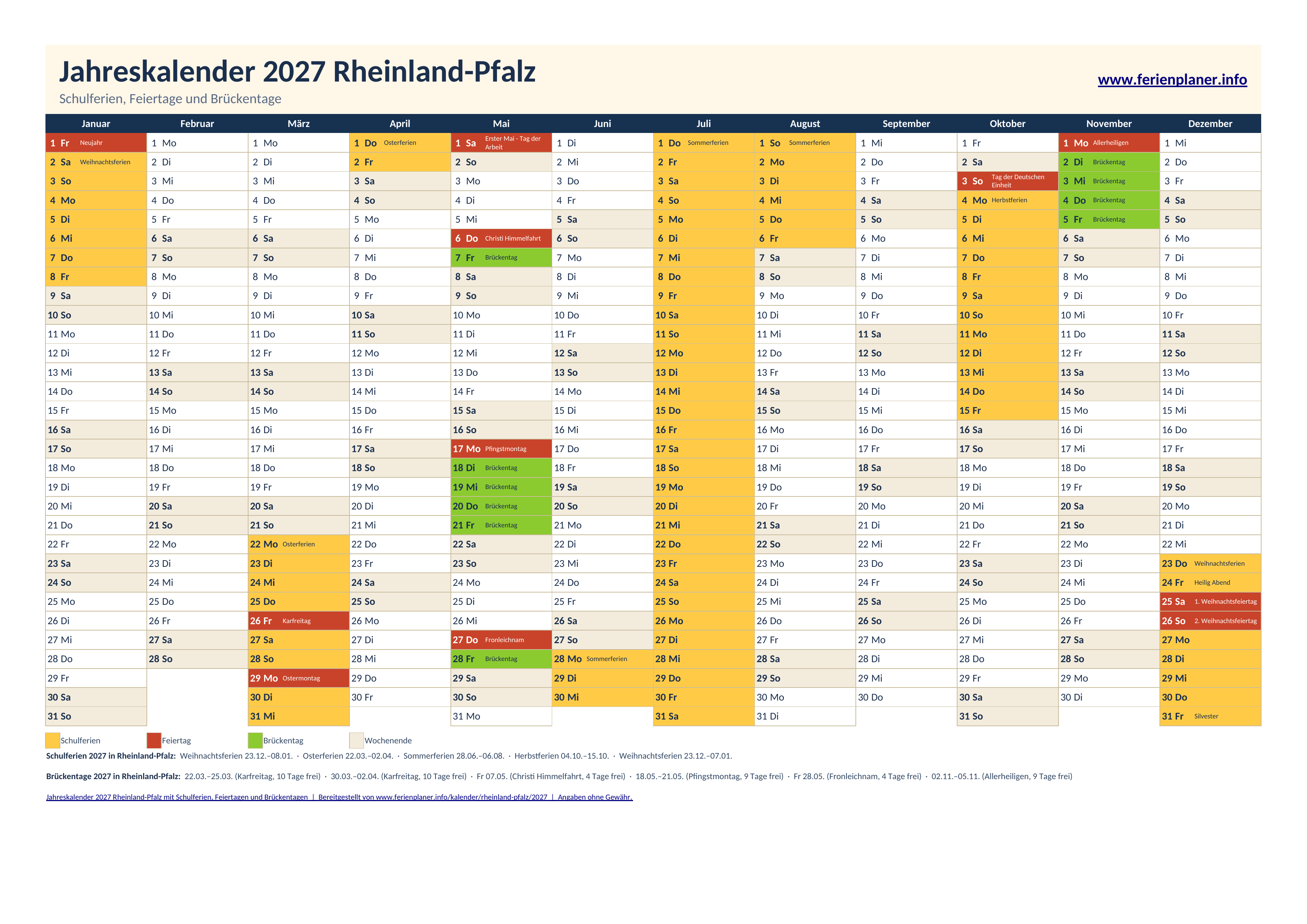 Vorschau: Jahreskalender 2027 für Rheinland-Pfalz